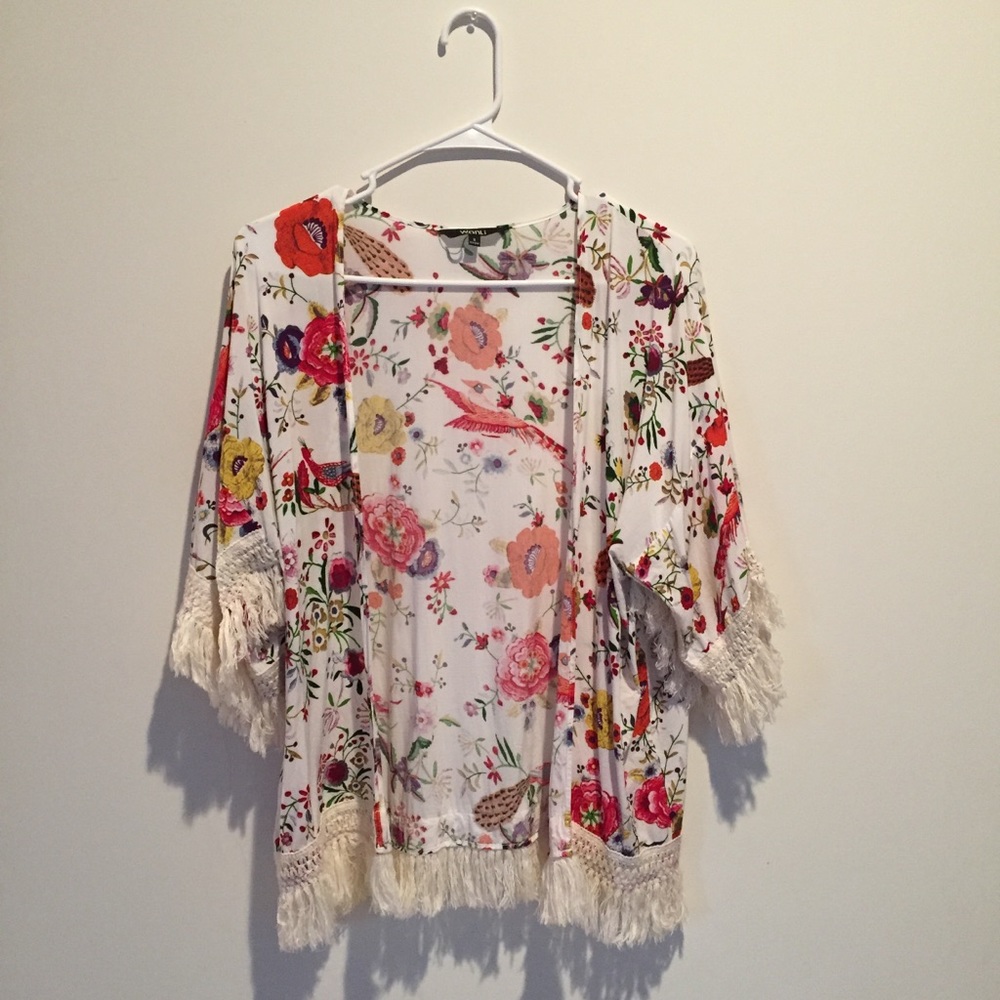 Beautiful Bird and Flower Kimono w Fringe